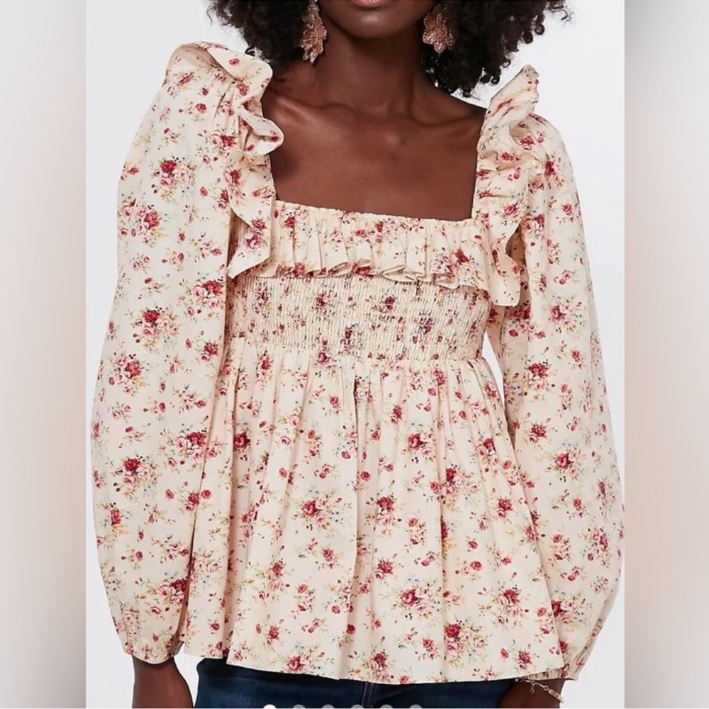 Hyacinth House Top Smocked Cream Floral Ruffle Puff Sleeve Lined Size Medium